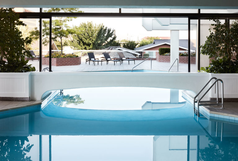 The indoor/outdoor pool at the Little America Hotel in Salt Lake City.