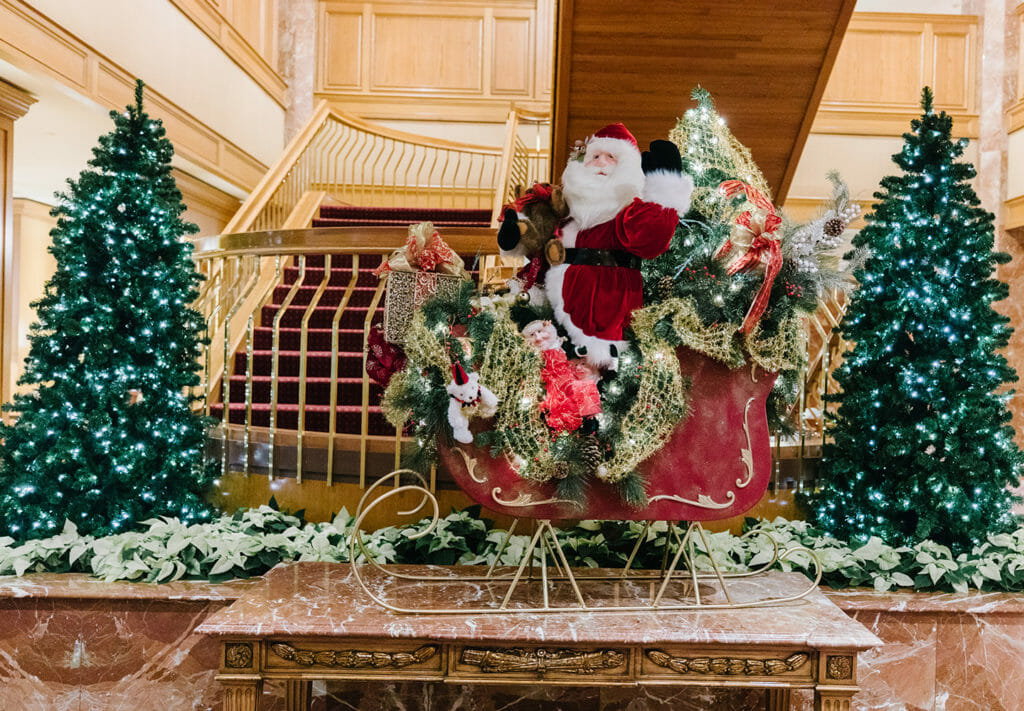 Little America Hotel decorated with Christmas trees and festive Santas during the holidays