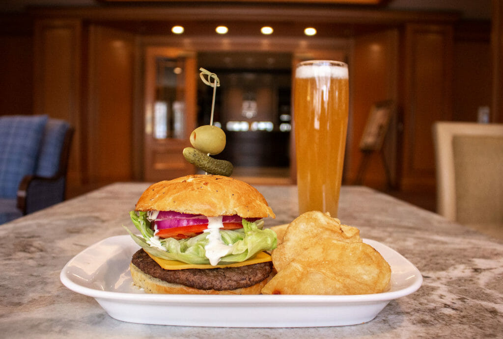 Burger, Potato Chips, and Beer