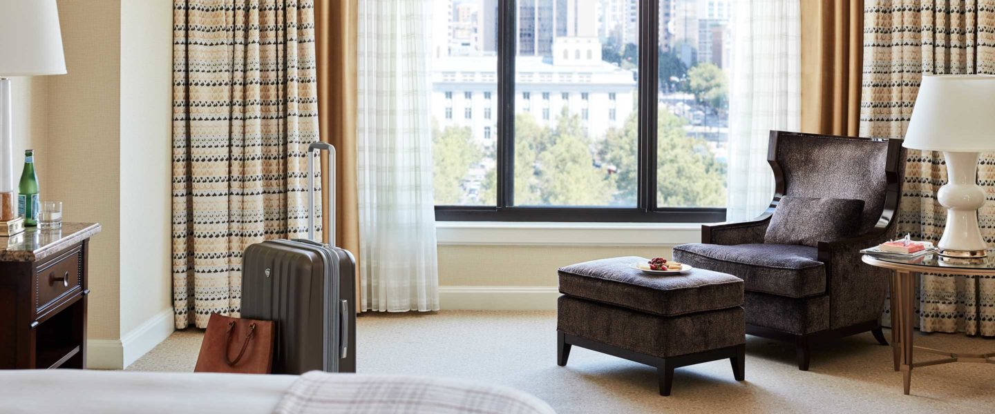 A tower room at Little America Hotel with a view of downtown Salt Lake City.