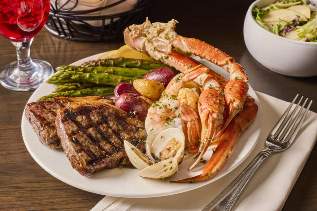 Crab legs, steak, and asparagus from the Coffee Shop